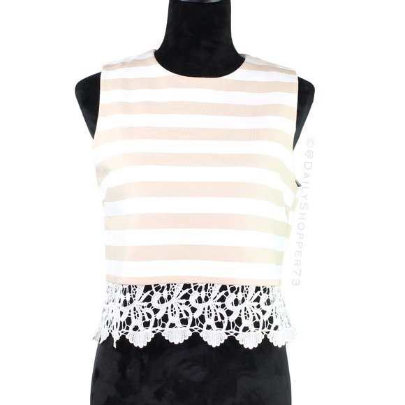 English Factory Tops - English Factory Women's Striped Lace Trim Crop Top - Oatmeal / Cream